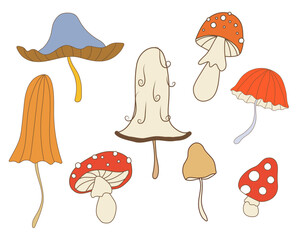 Vector illustration set of cute mushrooms in groovy style. Funny fly agarics and multicolor toadstools. Isolated retro elements with 70s vibes is perfect for stickers, prints, posters. gift decoration
