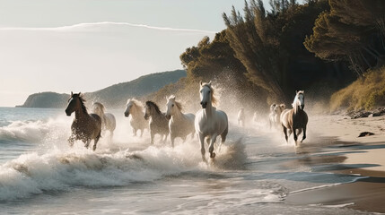 white horses running near water - obrazy, fototapety, plakaty