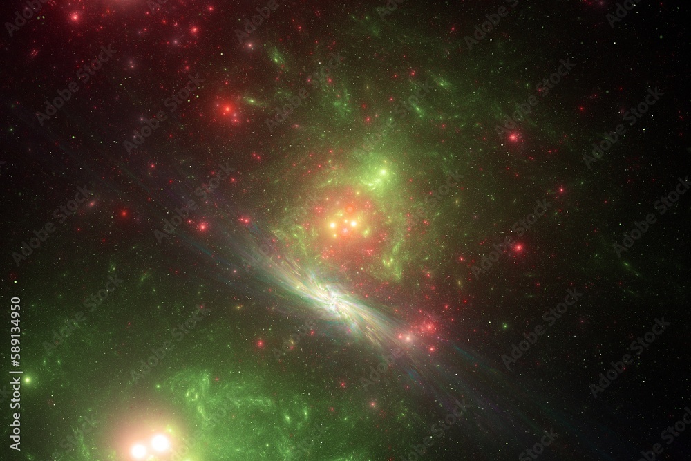 Wall mural green red clouds of stardust in black space. abstract fractal 3d rendering