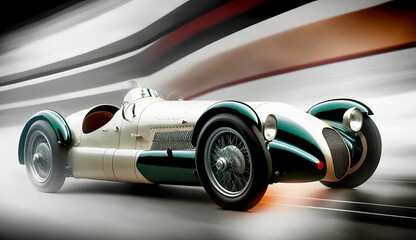White and Green Vintage Race Car with Sleek Curves and Classic Design on High-Speed Action Background, made with Generative AI