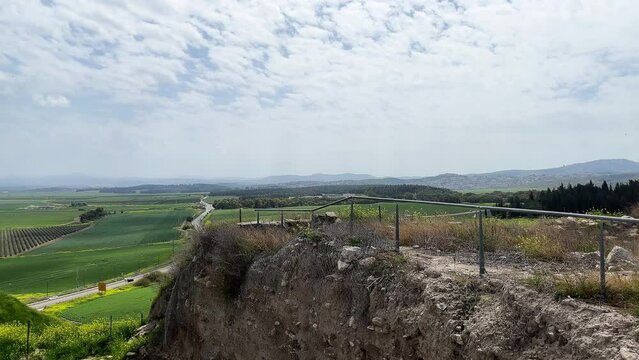 View from Mount Megiddo of fields and farmland outside Tel Megiddo National Park, Israel