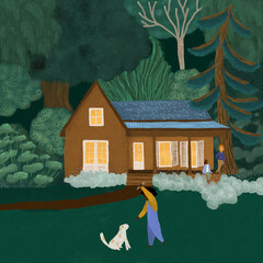 Illustration of kid playing with dog