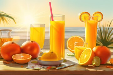 Sipping juice at a beach, depicted in photorealistic art, hues of yellow and orange. Generative AI