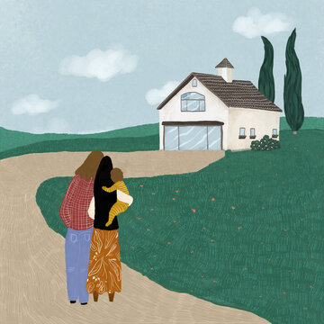 Illustration of family standing in front of new rural house