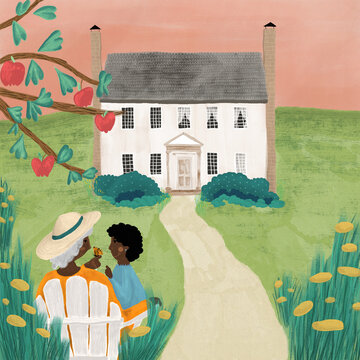 Illustration of black elderly woman sitting on chair with kid near house