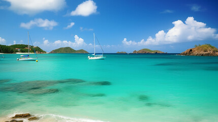 Tropical Paradise Awaits: A Caribbean Beach with Yachts and Breathtaking Scenery, generated by IA 