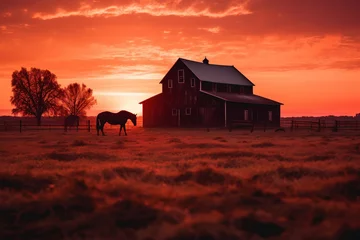 Papier Peint photo autocollant Rouge violet Pasture on A horse ranch with a house and fence, generative ai