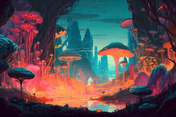 Space alien landscape huge mushrooms, swamps and mountains. Generative AI