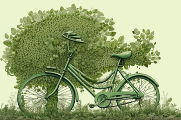 Fototapeta na wymiar Green bike enveloped by lush leaves, intricately detailed. Generative AI