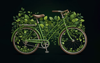 Fototapeta premium Green bike enveloped by lush leaves, intricately detailed. Generative AI