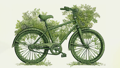 Green bike enveloped by lush leaves, intricately detailed. Generative AI