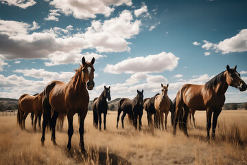 Wild horses graze in the sunlit meadow, generative ai