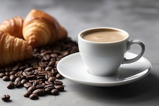 Fragrant croissants and steaming coffee with scattered beans for a delicious breakfast or snack. Generative AI