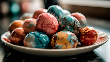 Close-up of beautifully marbled Easter eggs created using a mix of nail polish colors and water, placed on a ceramic plate.