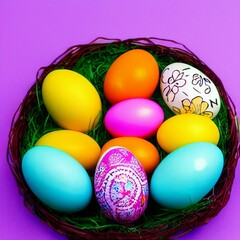colorful Easter eggs in a basket AI generated 