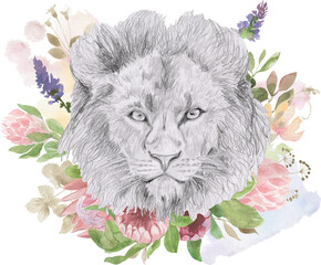 Head of a lion with a large mane framed by flowers