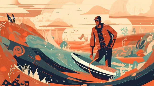 Surfer, a flat cartoon character riding a board on the waves, retro style. Generative AI.