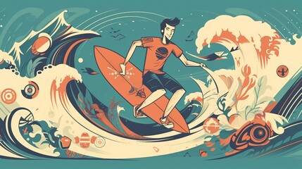 Surfer, a flat cartoon character riding a board on the waves, retro style. Generative AI.