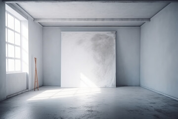 Empty canvas hanging in the middle on the wall of white color room. Generative AI