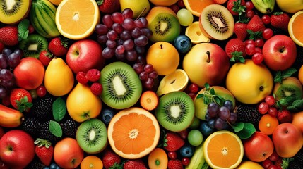 Set of juicy summer fruits to use as wallpaper. Generative AI