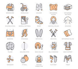 Orthopedic, trauma rehabilitation line icons. Crutches, mattress, pillow, cervical collar, walkers and other medical rehab goods. Health care thin linear signs. Orange color. Editable Stroke