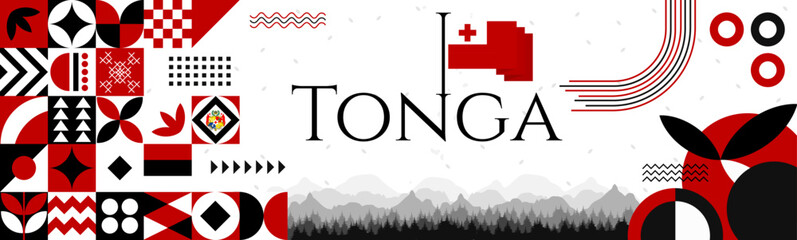 The Tonga Independence Day abstract banner design with flag and map. Flag color theme geometric pattern retro modern Illustration design. Red and Black color template.