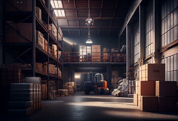 Warehouse building with interior. Warehouse racks or racking, forklift with boxes, van loaded with goods, cctv cameras, pallets with crates, barrels and sacks. 3d illustration. Generative AI