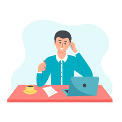 Business man working at his office desk, using laptop and talking on phone. Flat vector illustration.