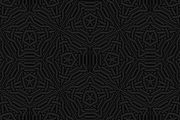 Embossed black background, tribal cover design. Geometric creative 3D pattern, press paper, leather. Boho, handmade. Ethnic motifs of the countries of the East, Asia, India, Mexico, Aztecs, Peru.