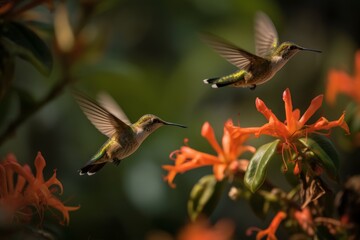 Fototapeta premium Dual Hummingbirds Mid-Flight, Floral Bliss AI