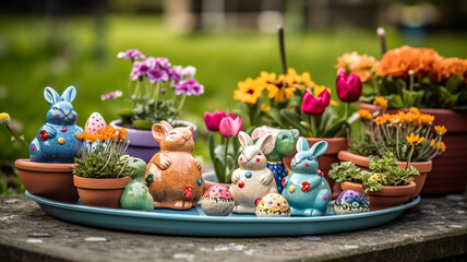 Vibrant Easter scene featuring a collection of ceramic bunnies, colorful eggs, and blooming spring flowers arranged in a garden.