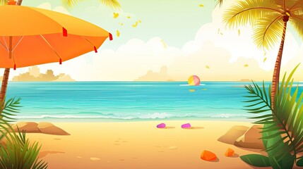 Colorful summer wallpaper. The beach with tropical leaves. Generative AI