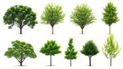Assortment of lovely 3D trees isolated on a white background for use in decorating gardens or in architectural visualisation. Generative AI.