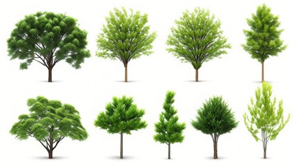 Obraz premium Assortment of lovely 3D trees isolated on a white background for use in decorating gardens or in architectural visualisation. Generative AI.