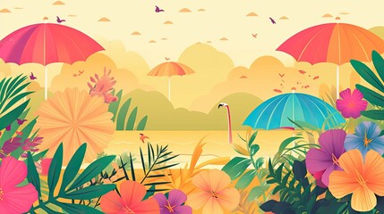 Fototapeta na wymiar Colorful summer wallpaper. The beach with tropical leaves. Generative AI