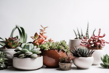 Obraz premium Stylish composition of home plants, cacti, succulents, air plant in different design pots.