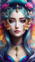 Portrait of a fantasy peacock woman. (Created with Generative AI technology)