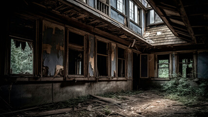 Fototapeta na wymiar An intriguing and mysterious photo of an abandoned building, with peeling paint, broken windows, and a haunting atmosphere.