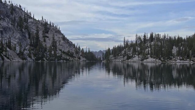 Reflection on water of Everly Lake in Sawtooth Mountains Stanley Idaho