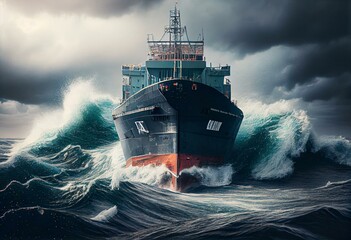 cargo ship among the waves on a stormy day, front view. Generative AI