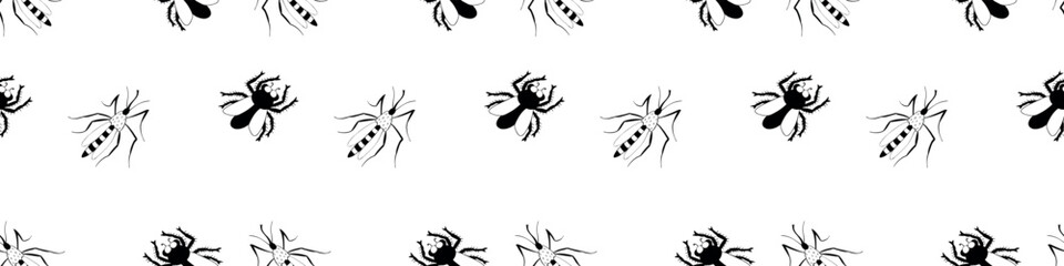 Vector seamless pattern of contour flies, mosquitoes. Annoying unpleasant insects harmful to humans. Background and texture for pest control