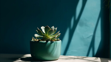 Green succulent in concrete plant pot with decorative shadows on a blue wall and table surface in home interior. Minimalist vertical background. Generative AI.