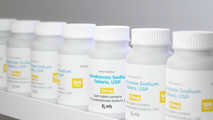 Alendronate Sodium Bottles on pharmacy shelf. Bone disease osteoporosis treatment drug. 3d illustration.