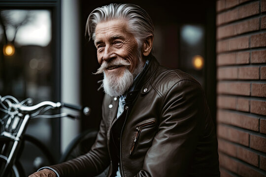 Generative AI illustration of positive bearded gray haired elderly male biker in leather jacket smiling and looking away while sitting near bike against blurred brick building