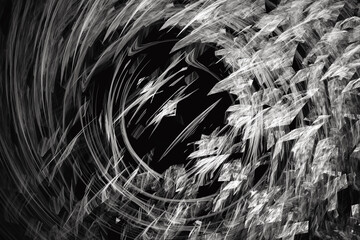 White pattern of crooked waves on a black background. Abstract fractal 3D rendering