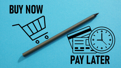 Buy now pay later is shown using the text and pictures of cart trolley and bank cards