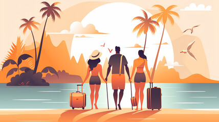 Illustration of a family going on a holiday trip to a tropical island in summer. Concept of travel and tourism promotion and advertisement.