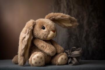 Beautiful vintage plush bunny toy on a brown background. 