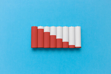 Set of various batteries arranged on blue background