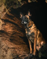Malinois dog in a cave